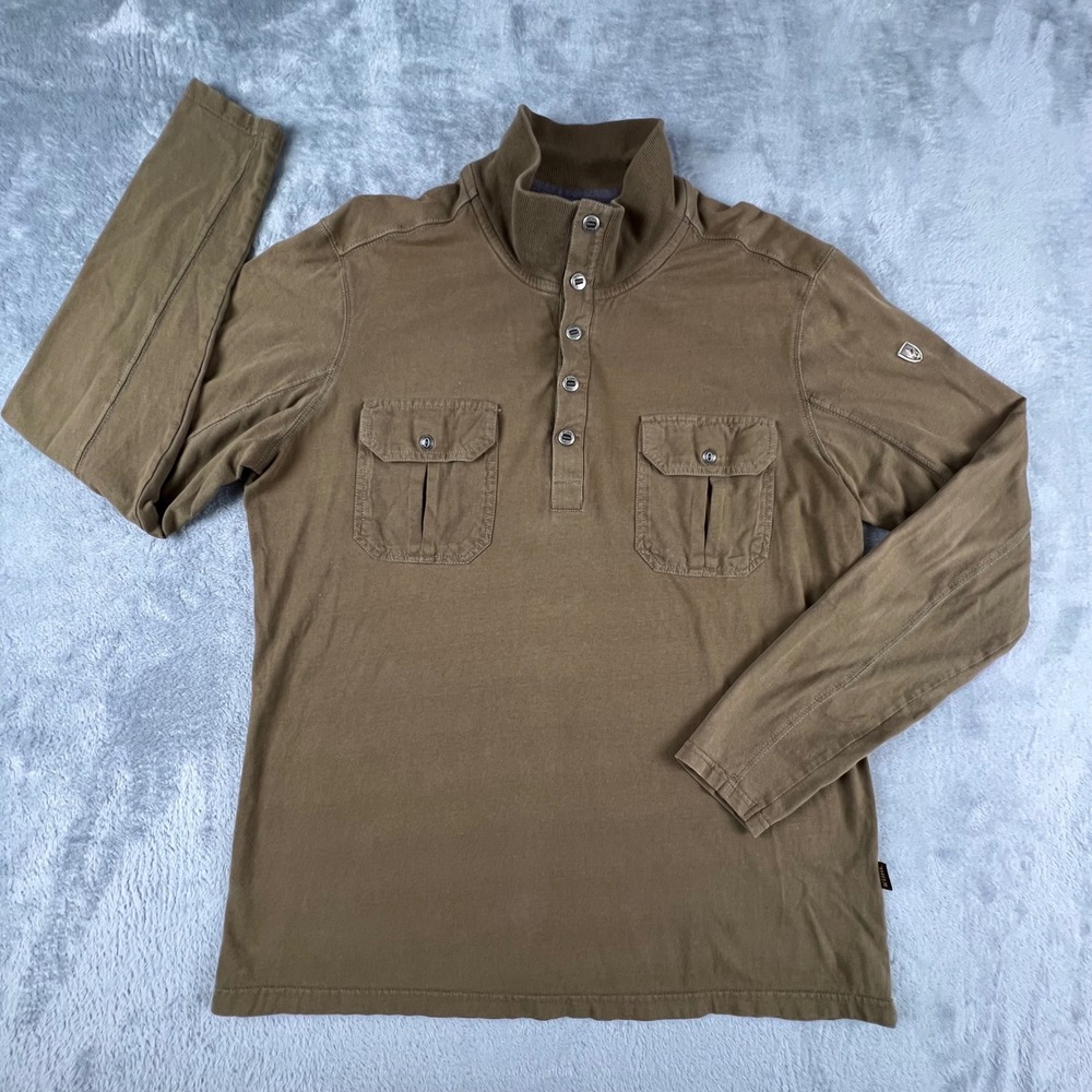 KUHL Long Sleeve Pullover Mock Neck Henley Shirt Khaki Mens Size L Cotton Gorp - Picture 1 of 15